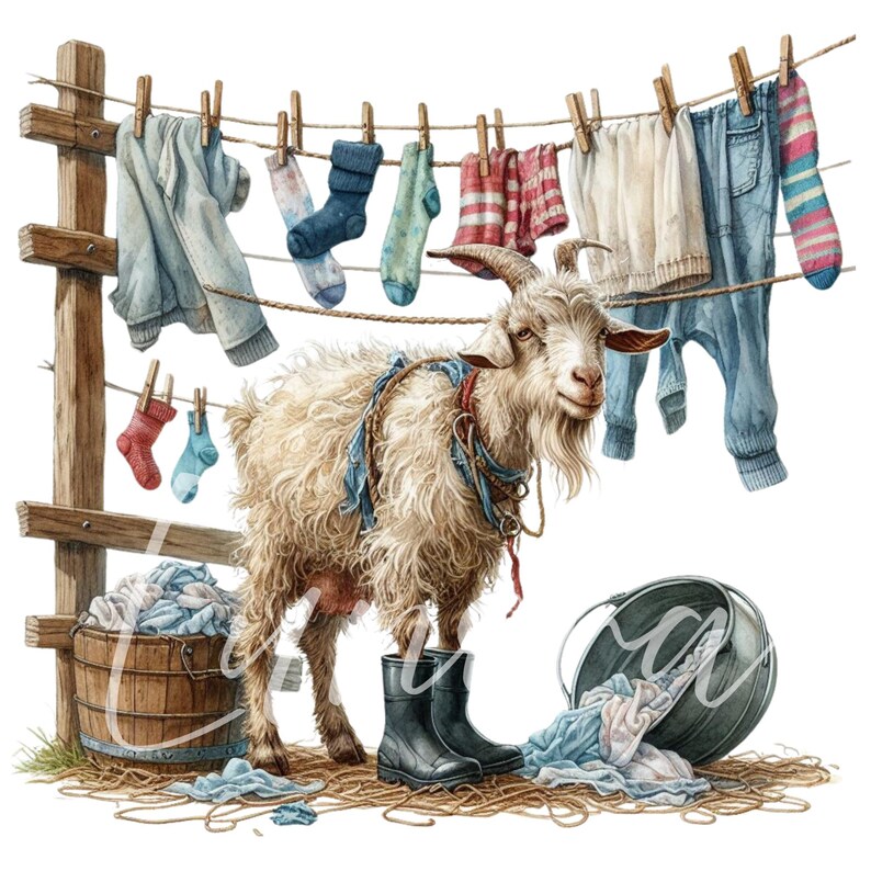 K&ouml;nnte beinhalten: Aquarellillustration einer Ziege vor einer W&auml;scheleine mit Kleidung und Socken. Die Ziege tr&auml;gt Stiefel und ein Geschirr. Ein Holzeimer und ein Metalleimer stehen auf dem Boden.