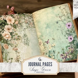 Sage Green Garden Junk Journal Pages Set of 10 Printable 300 DPI Digital Paper Botanical Theme for Scrapbooking Collage Crafts