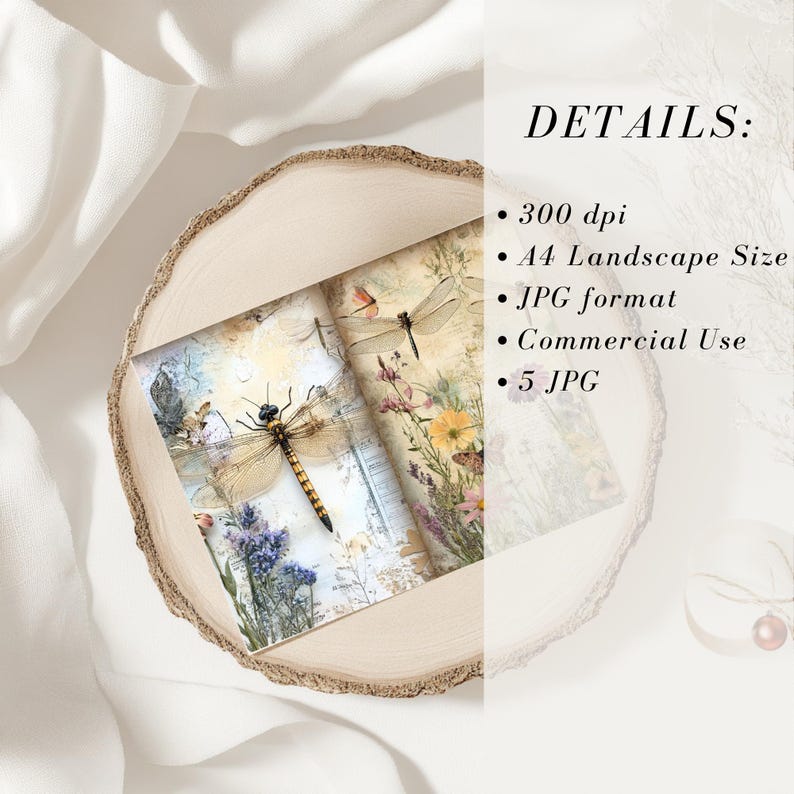 Dragonfly Textured Junk Journal Page JPG Landscape Botanical Background ...