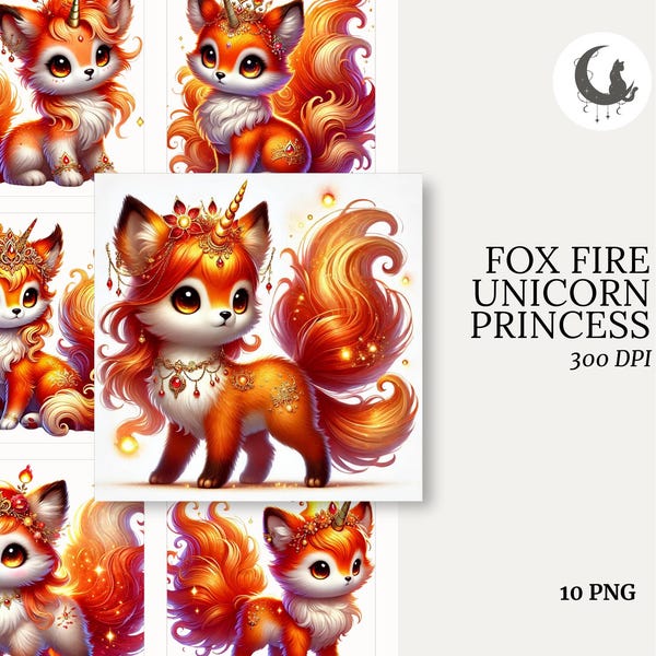 Fire Fox Princess Unicorn Clipart Set of 10 High Quality 300 DPI PNGs Fantasy Animal Art for Junk Journals Scrapbooking Digital Download