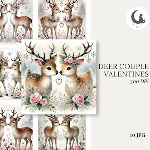 Herten paar aquarel clipart set van 10 hoge kwaliteit 300 dpi jpg's romantische liefde kunst printables voor Valentijnsdag kerstkaarten downloaden