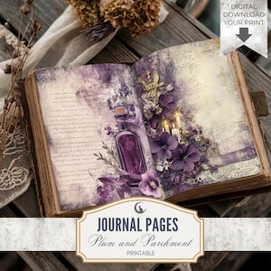 Páginas imprimibles de diario basura morado pergamino ciruela, papel digital de inspiración rústica efímera grunge suave para álbumes de recortes, collages y manualidades.