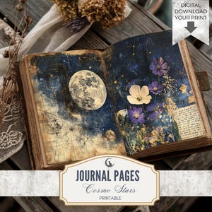 Celestial Galaxy Junk Journal Pages Set of 10 Printable 300 DPI Digital Papers Cosmic Sky Stars Moon Theme for Scrapbooking Collage Crafts