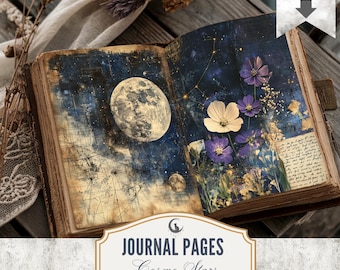 Celestial Galaxy Junk Journal Pages Set of 10 Printable 300 DPI Digital Papers Cosmic Sky Stars Moon Theme for Scrapbooking Collage Crafts