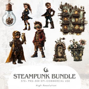 May include: A digital art bundle featuring steampunk-themed illustrations. The collection includes images of children in steampunk attire, a lightbulb with gears, a building, a door, and a flower pot. The text at the bottom reads "STEAMPUNK BUNDLE".