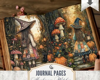 Mushroom Witches Junk Journal Pages JPG PDF Whimsical Woodland Cottagecore Backgrounds Autumn Scrapbook Ephemera A4 Landscape Download