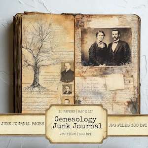Retro genealogie ongewenste dagboekpagina's set van 10 afdrukbare 300 dpi voorouders familiegeschiedenis digitale papers voor scrapbooking ambachten downloaden