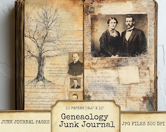 Retro Genealogy Junk Journal Pages Set of 10 Printable 300 DPI Ancestry Family History Digital Papers for Scrapbooking Crafts Download