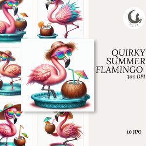 Funny Beach Flamingo Clipart Set of 10 High Quality 300 DPI JPGs Whimsical Summer Vacation Art for Cards Scrapbooking Crafts Download