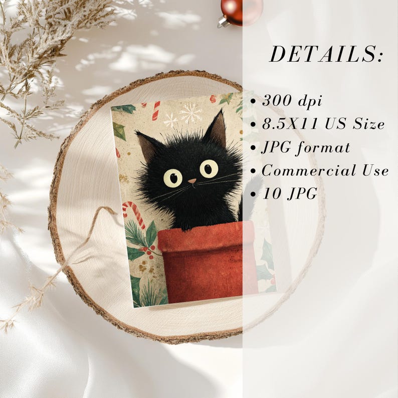 May include: A greeting card featuring a black cat peeking out of a red flower pot. The cat has large, round eyes and fluffy black fur. The card has a festive design with candy canes and snowflakes. The card is 8.5x11 inches.