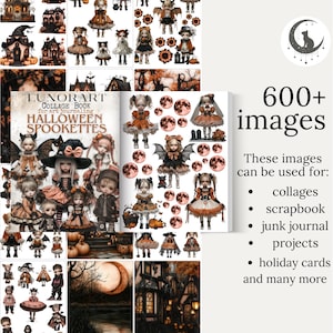 Pode incluir: Um livro de colagem intitulado "Halloween Spookettes" com v&aacute;rias imagens tem&aacute;ticas de Halloween. As imagens incluem bonecas, casas, luas e morcegos. O texto &agrave; direita diz "600+ imagens" e lista os usos das imagens.