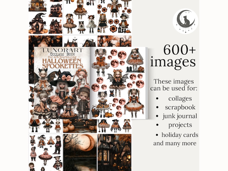Pode incluir: Um livro de colagem intitulado "Halloween Spookettes" com v&aacute;rias imagens tem&aacute;ticas de Halloween. As imagens incluem bonecas, casas, luas e morcegos. O texto &agrave; direita diz "600+ imagens" e lista os usos das imagens.