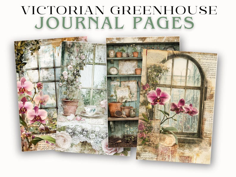 May include: Four Victorian-themed journal pages with watercolor illustrations. The pages feature images of orchids, potted plants, and antique windows. The text "VICTORIAN GREENHOUSE JOURNAL PAGES" is at the top.