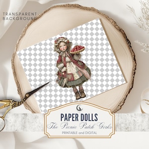May include: A digital paper doll illustration of a girl in a vintage outfit, holding a basket of red berries. The image is set against a transparent background and a wooden slice. The text reads "PAPER DOLLS The Picnic Patch Girls PRINTABLE and DIGITAL".