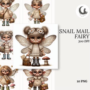 Puede incluir: Ilustración digital de un hada con gafas, alas y un bolso. El hada lleva un vestido y botas, y está rodeada de otras imágenes de la misma hada. El texto a la derecha dice "Snail Mail Fairy" y "300 DPI".