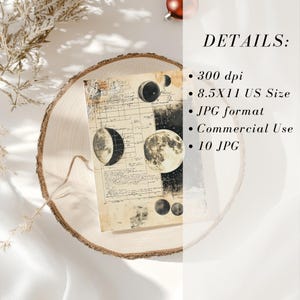 May include: A vintage-style print featuring celestial bodies and aged paper textures. The design includes illustrations of the moon in various phases, with the text "DETAILS:" and other details about the product. The print is 8.5x11 inches in size.