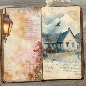 May include: Open vintage book with a watercolor illustration of a house and a bird in flight. The left page features a decorative lantern and handwritten text. Dried flowers and a key are placed around the book.