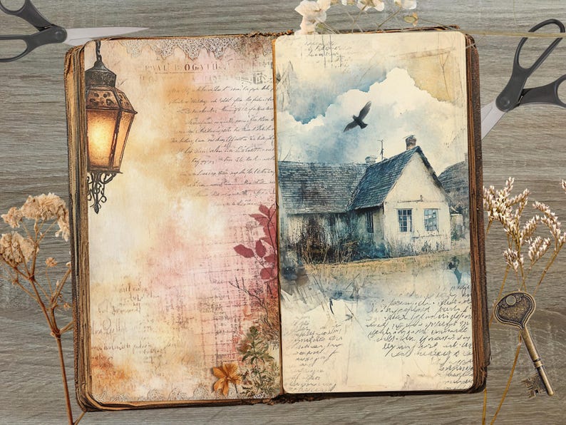 May include: Open vintage book with a watercolor illustration of a house and a bird in flight. The left page features a decorative lantern and handwritten text. Dried flowers and a key are placed around the book.