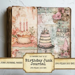 Páginas de diario basura para celebrar cumpleaños, juego de 10 papeles digitales imprimibles de 300 DPI para scrapbooking, manualidades, collages de fiestas, descarga