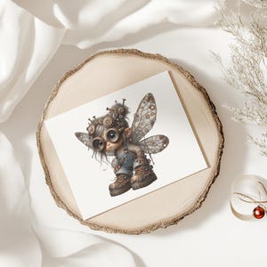 May include: A whimsical illustration of a steampunk fairy with large goggles, mechanical wings, and boots. The fairy is depicted on a white card, resting on a wooden slice. The fairy is wearing a denim overall and brown boots. The overall theme is fantasy and steampunk.