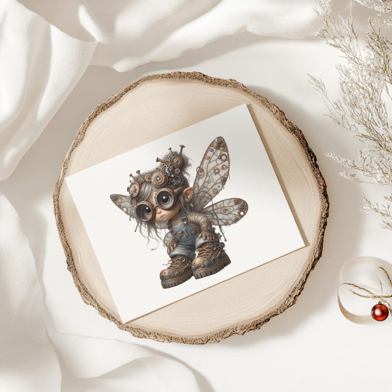 May include: A whimsical illustration of a steampunk fairy with large goggles, mechanical wings, and boots. The fairy is depicted on a white card, resting on a wooden slice. The fairy is wearing a denim overall and brown boots. The overall theme is fantasy and steampunk.