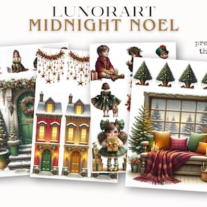 Puede incluir: Impresiones art&iacute;sticas digitales con ilustraciones navide&ntilde;as. Las impresiones muestran escenas festivas con ni&ntilde;os, casas decoradas, &aacute;rboles de Navidad e interiores acogedores. El texto "LUNORART MIDNIGHT NOEL" se muestra en la parte superior.