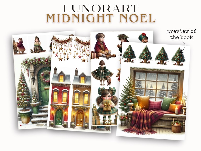Puede incluir: Impresiones art&iacute;sticas digitales con ilustraciones navide&ntilde;as. Las impresiones muestran escenas festivas con ni&ntilde;os, casas decoradas, &aacute;rboles de Navidad e interiores acogedores. El texto "LUNORART MIDNIGHT NOEL" se muestra en la parte superior.