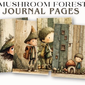 May include: Four journal pages with watercolor illustrations of a mushroom forest. The pages feature whimsical characters in a forest setting with mushrooms and trees. The text "MUSHROOM FOREST JOURNAL PAGES" is at the top.