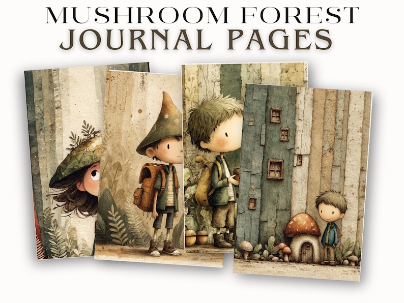 May include: Four journal pages with watercolor illustrations of a mushroom forest. The pages feature whimsical characters in a forest setting with mushrooms and trees. The text "MUSHROOM FOREST JOURNAL PAGES" is at the top.