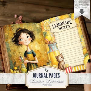 Puede incluir: Páginas abiertas de un diario con ilustraciones en acuarela. Una página muestra a una niña haciendo limonada, la otra tiene "Lemonade Notes" con papel rayado. Un osito de peluche está sentado cerca de un tarro de limonada. El diario está etiquetado como "Journal Pages Summer Lemonade Printable".