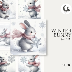 Conejito de invierno, acuarela, caprichoso, efímero, animal del bosque, diario basura, manualidades de papel, clipart, elemento de tarjeta festiva, libro de collage de invierno