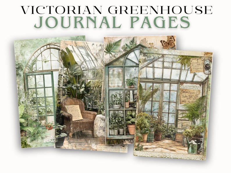 May include: Four journal pages with Victorian greenhouse scenes. The pages feature illustrations of greenhouses with plants, a wicker chair, and the text "VICTORIAN GREENHOUSE JOURNAL PAGES" in green.