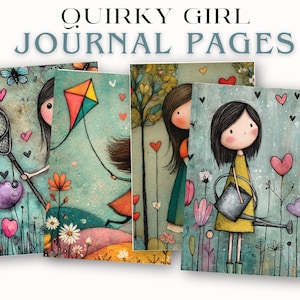 Op de afbeelding: Vier dagboekpagina's met grillige illustraties van meisjes in een tuin. De pagina's bevatten kleurrijke kunstwerken met vlinders, bloemen en harten. De tekst "Quirky Girl Journal Pages" staat bovenaan.