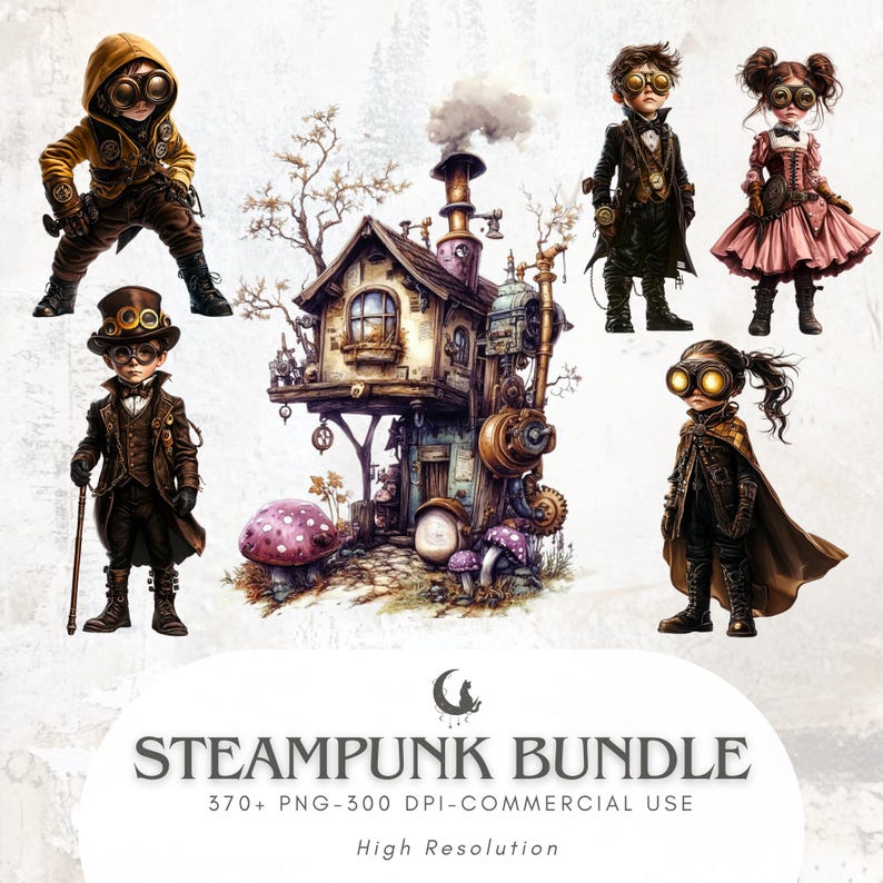 May include: Digital illustration of a steampunk-themed bundle featuring several characters in Victorian-era attire with goggles, a whimsical house, and mushrooms. The text reads "STEAMPUNK BUNDLE" and "370+ PNG-300 DPI-COMMERCIAL USE".