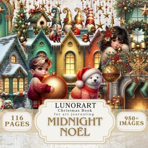 May include: A digital illustration of a Christmas scene with a boy holding a large ornament, a dog in a Santa hat, and a girl. The image features colorful houses, Christmas trees, and the text "MIDNIGHT NOËL".