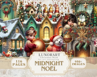 Puede incluir: Ilustración digital de una escena navideña con un niño sosteniendo un adorno grande, un perro con gorro de Papá Noel y una niña. La imagen presenta casas coloridas, árboles de Navidad y el texto "MIDNIGHT NOËL".