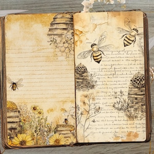 Puede incluir: Un diario vintage abierto con p&aacute;ginas llenas de texto escrito a mano e ilustraciones de abejas, panales y flores. El diario tiene un aspecto desgastado y envejecido, perfecto para llevar un diario, hacer scrapbooking o manualidades.