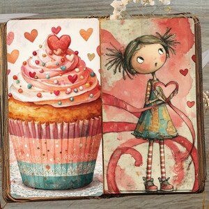 K&ouml;nnte beinhalten: Aquarellillustration eines Cupcakes und eines M&auml;dchens, das ein Herz h&auml;lt. Der Cupcake hat rosa Zuckerguss, Herzstreusel und ein Herz oben drauf. Das M&auml;dchen hat Z&ouml;pfe und h&auml;lt ein Herz mit einem Band.