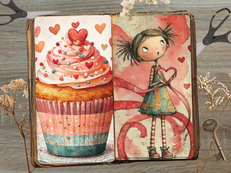 K&ouml;nnte beinhalten: Aquarellillustration eines Cupcakes und eines M&auml;dchens, das ein Herz h&auml;lt. Der Cupcake hat rosa Zuckerguss, Herzstreusel und ein Herz oben drauf. Das M&auml;dchen hat Z&ouml;pfe und h&auml;lt ein Herz mit einem Band.