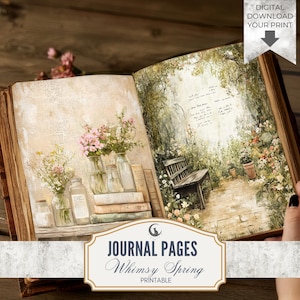Vårskräpjournalsida JPG-bakgrunder Nyckfullt blommigt collage Mjukt pastellpapper Scrapbook Ephemera Digital nedladdning