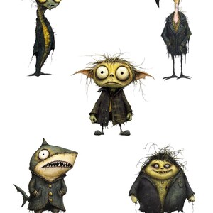 May include: Illustration of five whimsical creatures with exaggerated features. Each character is wearing a dark coat, with details like a shark head, a flamingo head, and large, expressive eyes. The words "HIGH RESOLUTION" are at the top.