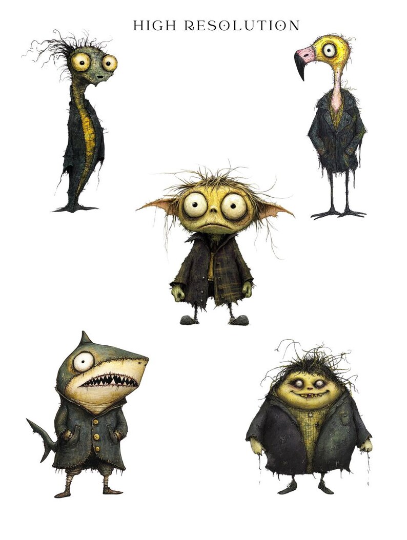 May include: Illustration of five whimsical creatures with exaggerated features. Each character is wearing a dark coat, with details like a shark head, a flamingo head, and large, expressive eyes. The words "HIGH RESOLUTION" are at the top.