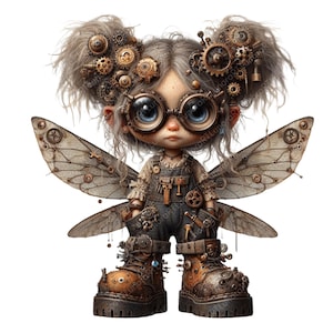 May include: A whimsical steampunk fairy doll with large blue eyes, wearing goggles, overalls, and boots adorned with gears. The fairy has detailed wings and gear accents in her hair, creating a unique, imaginative design.