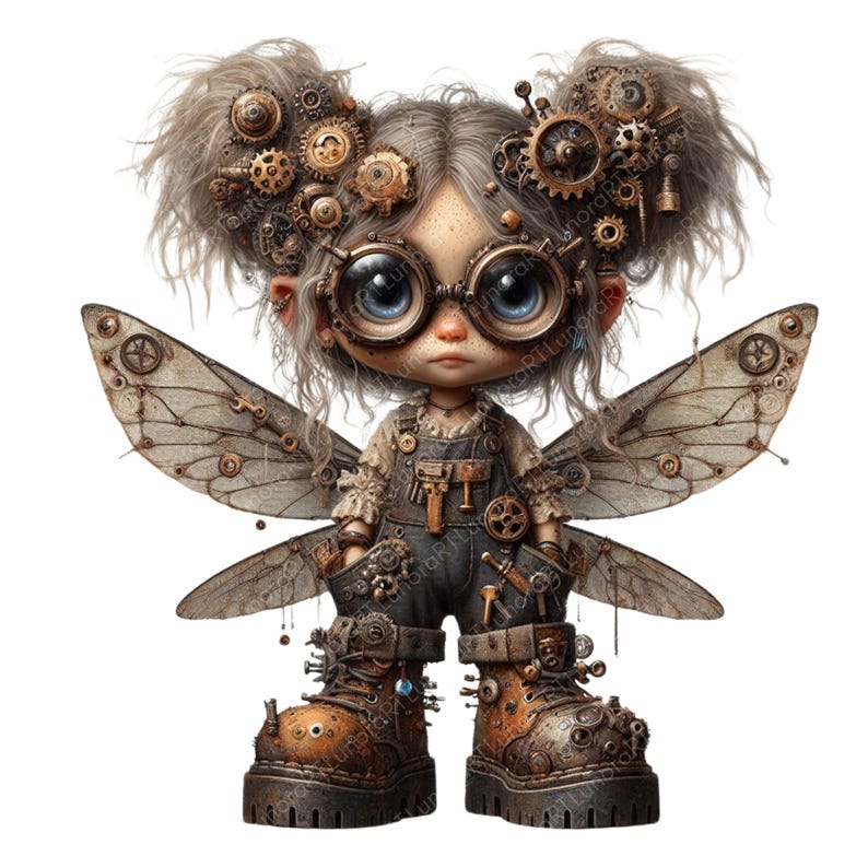 May include: A whimsical steampunk fairy doll with large blue eyes, wearing goggles, overalls, and boots adorned with gears. The fairy has detailed wings and gear accents in her hair, creating a unique, imaginative design.