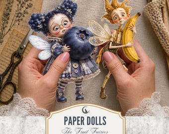 Fruit Fairy Paper Dolls PNG PDF Whimsical Quirky Fussy Cuts Cottagecore Scrapbook Ephemera Junk Journal Printable Digital Download