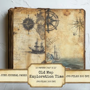 Alte Karten Exploration Junk Journal Seiten Set von 10 druckbare 300 DPI digitale Papiere Vintage Travel Adventure Theme für Scrapbooking Collage