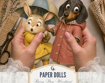 Rainy Day Woodland Paper Dolls PNG PDF Whimsical Quirky Animal Characters Fussy Cuts Cottagecore Junk Journal Scrapbook Digital Download