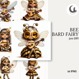 May include: Digital art featuring multiple illustrations of bee fairies playing ukuleles. The fairies are depicted with bee-themed attire, including striped skirts and antennae headbands. The image also includes the text "BEE BARD FAIRY 300 DPI 10 PNG".