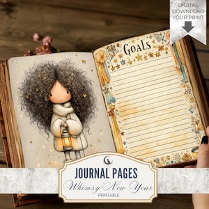 新年の少女向け気まぐれなジャンクジャーナルページ JPG、お祝いのエフェメラ、風変わりなホリデーコラージュペーパー、スクラップブック印刷用ダウンロード