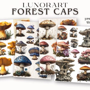 May include: A collection of colorful mushroom illustrations, featuring various shapes and sizes, with a title that reads "LUNORART FOREST CAPS preview of the book".